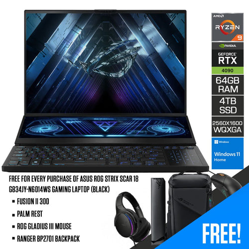 Asus ROG Zephyrus Duo 16 GX650PY - NM044WS Gaming Laptop (Black) | 16" QHD+ (2560x1600 WQXGA) | Ryzen 9 7945HX | 64GB RAM | 4TB SSD | RTX 4090 | Windows 11 Home | Fusion II 300 Palm Rest | ROG Gladius III Mouse | Ranger BP2701 Backpack - Nectostry