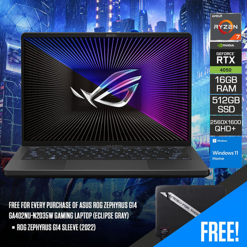 Asus ROG Zephyrus G14 GA402NU - N2035W Gaming Laptop (Eclipse Gray) | 14" QHD+ (2560 x 1600) | Ryzen™ 7 7735HS | 16GB RAM | 512GB SSD | RTX 4050 | Windows 11 Home | ROG Zephyrus G14 Sleeve (2022) - Nectostry