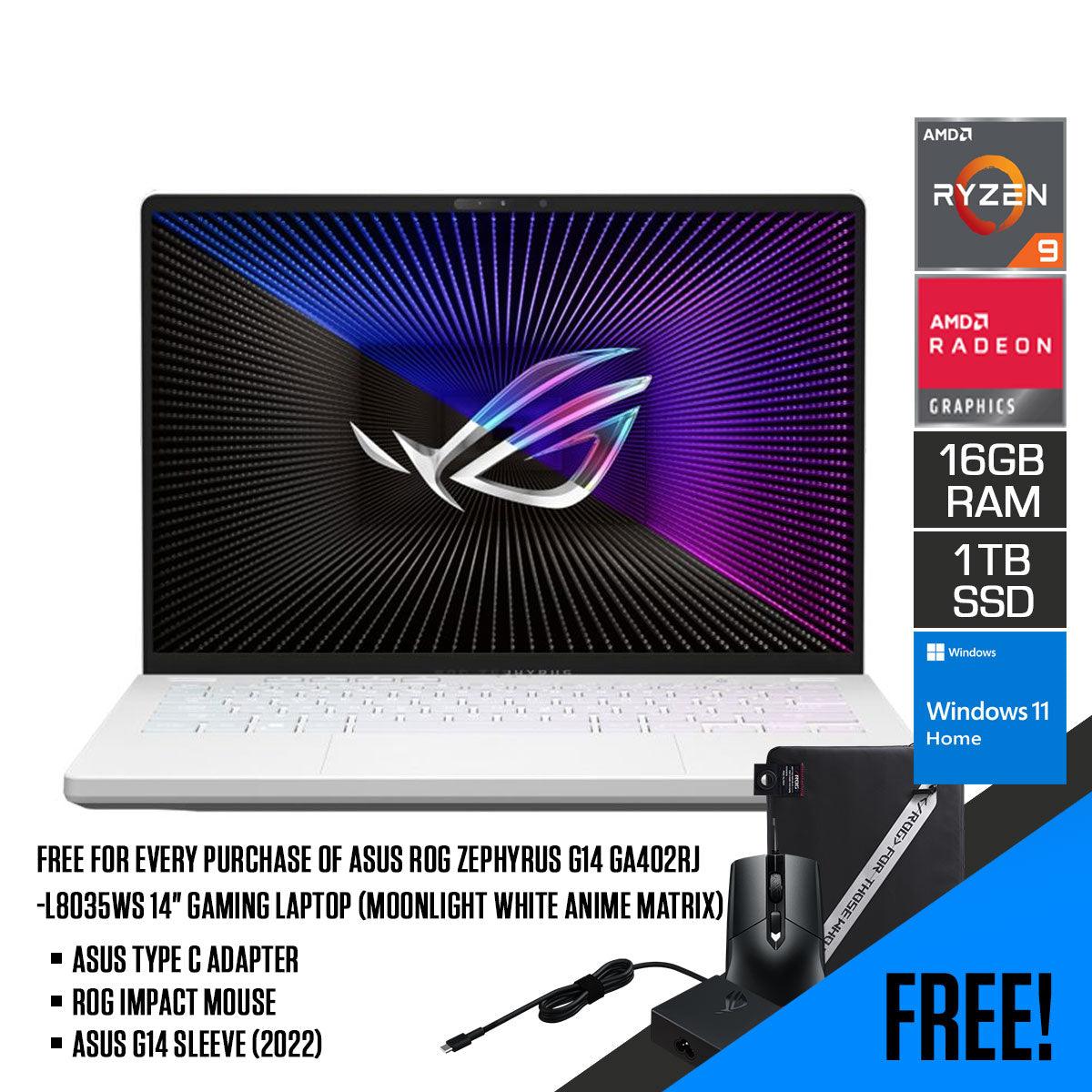 Asus ROG Zephyrus G14 GA402RJ - L8035WS Gaming Laptop (Moonlight White Anime Matrix) | 14" QHD | Ryzen™ 9 6900HS | 16GB RAM DDR5 | 1TB M.2 SSD | RX 6700S | Windows 11 Home | MS Office H&S 2021 | G14 Sleeve (2022) | ROG Impact Mouse - Nectostry