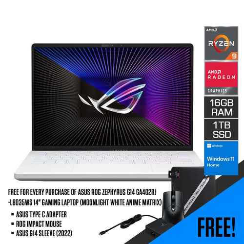 Asus ROG Zephyrus G14 GA402RJ - L8035WS Gaming Laptop (Moonlight White Anime Matrix) | 14" QHD | Ryzen™ 9 6900HS | 16GB RAM DDR5 | 1TB M.2 SSD | RX 6700S | Windows 11 Home | MS Office H&S 2021 | G14 Sleeve (2022) | ROG Impact Mouse - Nectostry