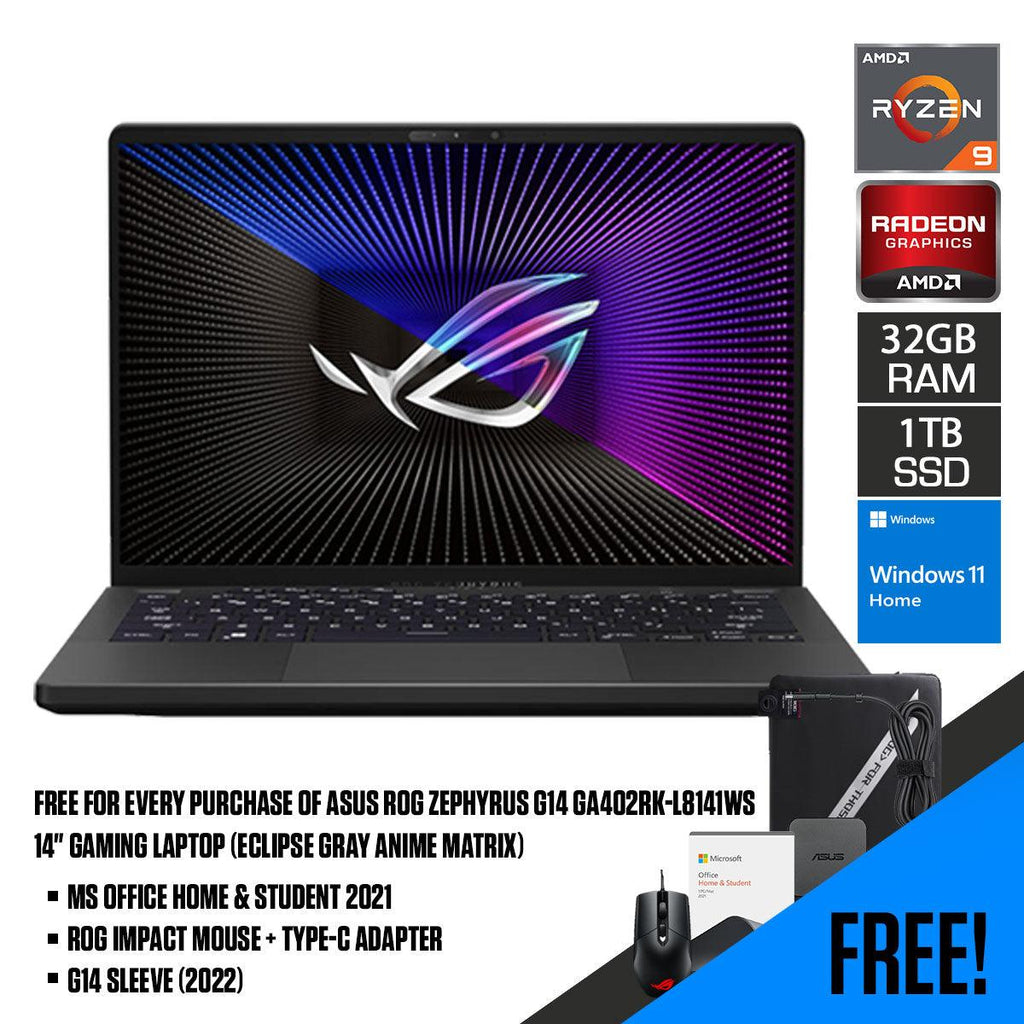 Asus ROG Zephyrus G14 GA402RK - L8141WS Gaming Laptop (Eclipse Gray Anime Matrix) | 14” QHD+ | Ryzen™ 9 6900HS | 32GB RAM DDR5 | 1TB M.2 SSD | RX 6800S | Windows 11 Home | MS Office H&S 2021 | G14 Sleeve (2022) | ROG Impact Mouse - Nectostry