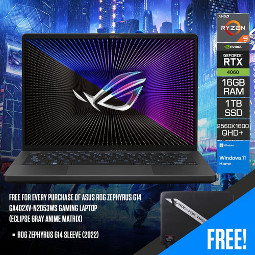 Asus ROG Zephyrus G14 GA402XV - N2053WS Gaming Laptop (Eclipse Gray Anime Matrix) | 14" QHD+ (2560x1600) 165Hz | Ryzen 9 7940HS | 16GB RAM | 1TB SSD | RTX 4060 | Windows 11 Home | ROG Zephyrus G14 Sleeve (2022) - Nectostry