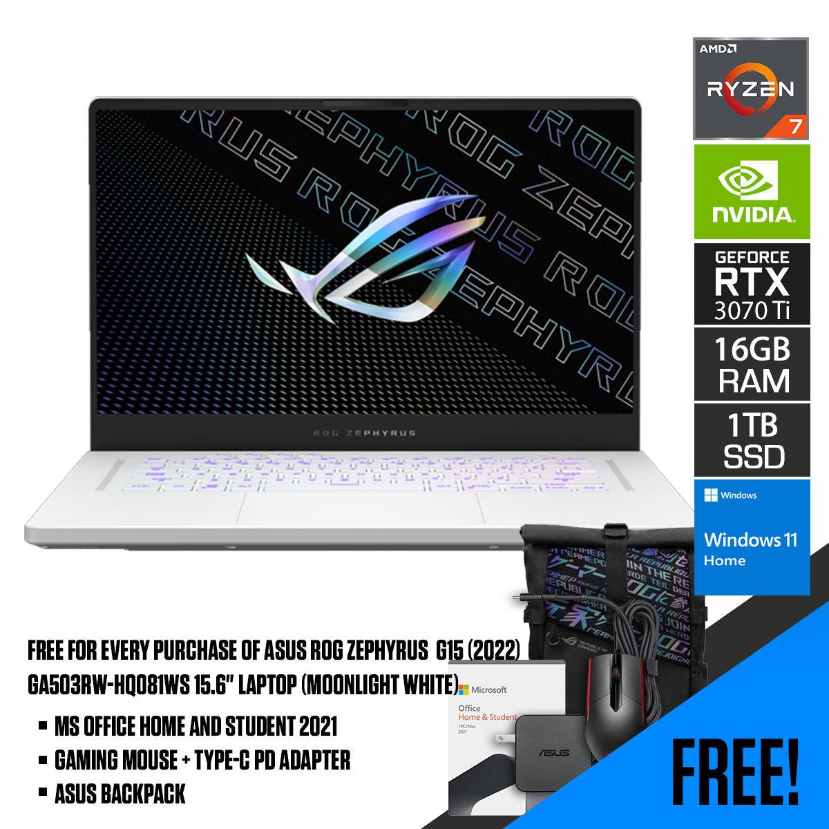 Asus ROG Zephyrus G15 (2022) GA503RW - HQ081WS Laptop (Moonlight White) | 15.6" WQHD | Ryzen™ 7 6800HS | 16GB DDR5 RAM | 1TB M.2 SSD | RTX 3070 Ti | Windows 11 Home | MS Office H&S 2021 | Gaming Mouse | Backpack | Type - C PD Adapter - Nectostry