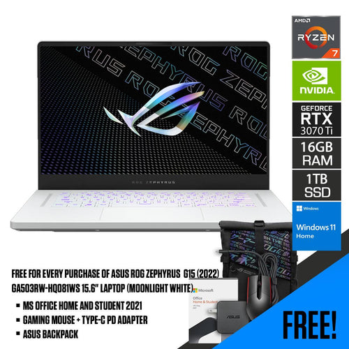 Asus ROG Zephyrus G15 (2022) GA503RW - HQ081WS Laptop (Moonlight White) | 15.6" WQHD | Ryzen™ 7 6800HS | 16GB DDR5 RAM | 1TB M.2 SSD | RTX 3070 Ti | Windows 11 Home | MS Office H&S 2021 | Gaming Mouse | Backpack | Type - C PD Adapter - Nectostry
