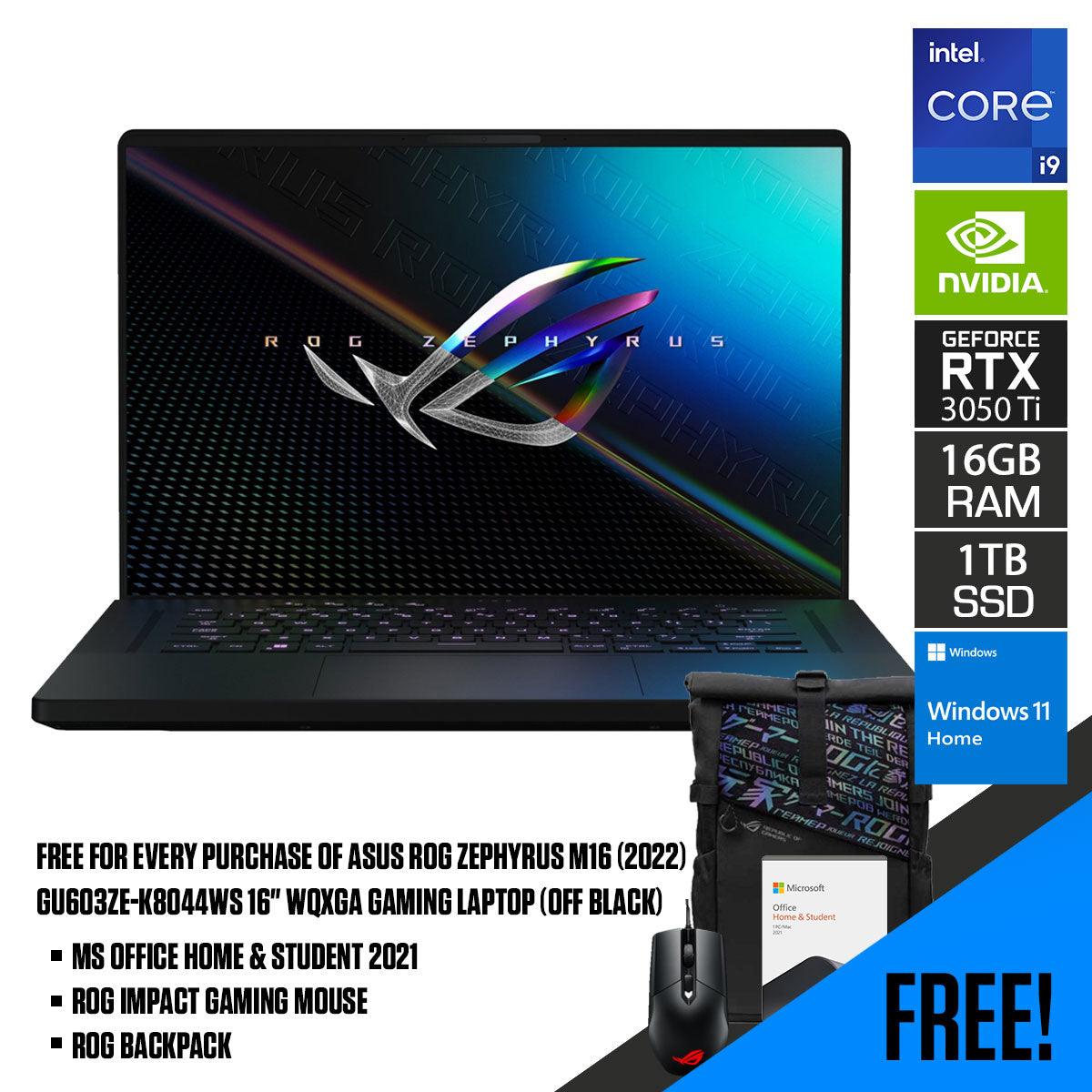 ASUS ROG Zephyrus M16 (2022) GU603ZE - K8044WS Gaming Laptop (Off Black) | 16” WQXGA | i9 - 12900H | 16GB DDR5 | 1TB SSD | RTX™ 3050 Ti | Windows 11 Home | MS Office H&S 2021 | ROG Backpack | ROG Impact Gaming Mouse - Nectostry