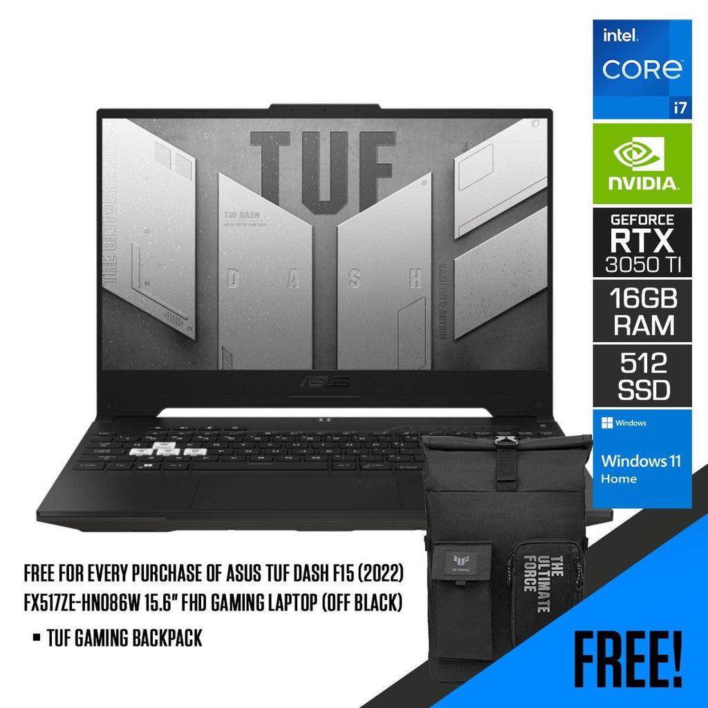 ASUS TUF Dash F15 (2022) FX517ZE - HN086W Gaming Laptop (Off Black) | 15.6" FHD | i7 - 12650H | 16GB DDR5 | 512 GB SSD | RTX™ 3050 Ti | Windows 11 Home | TUF Gaming Backpack - Nectostry
