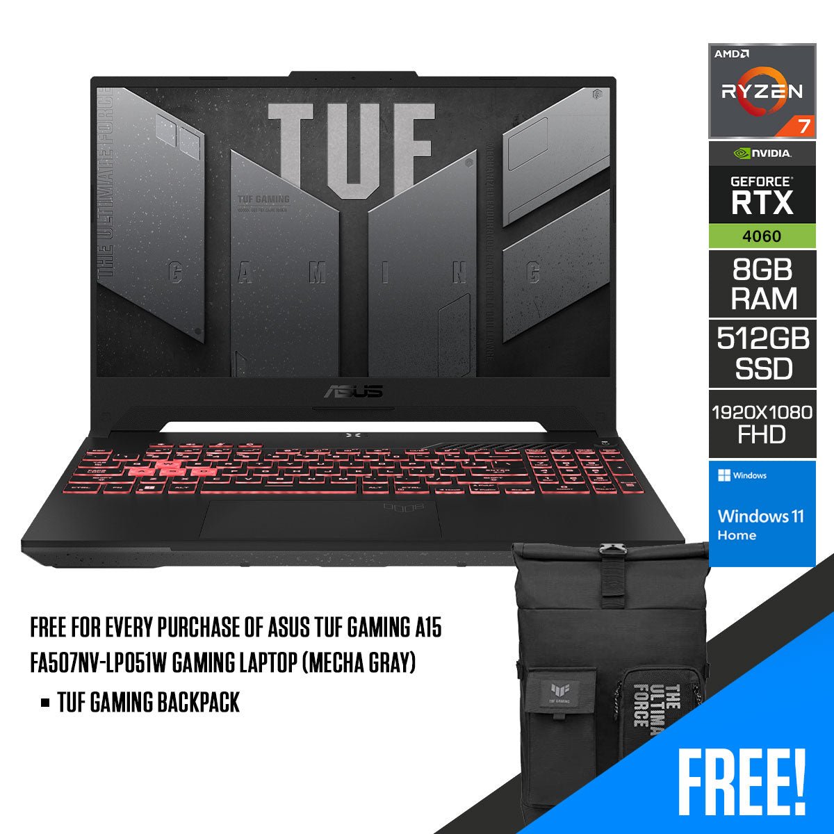 Asus TUF Gaming A15 FA507NV - LP051W Gaming Laptop (Mecha Gray) | 15.6” FHD | Ryzen 7 7735HS | 8GB DDR5 | 512GB SSD | RTX 4060 | Windows 11 Home | TUF Gaming Backpack - Nectostry