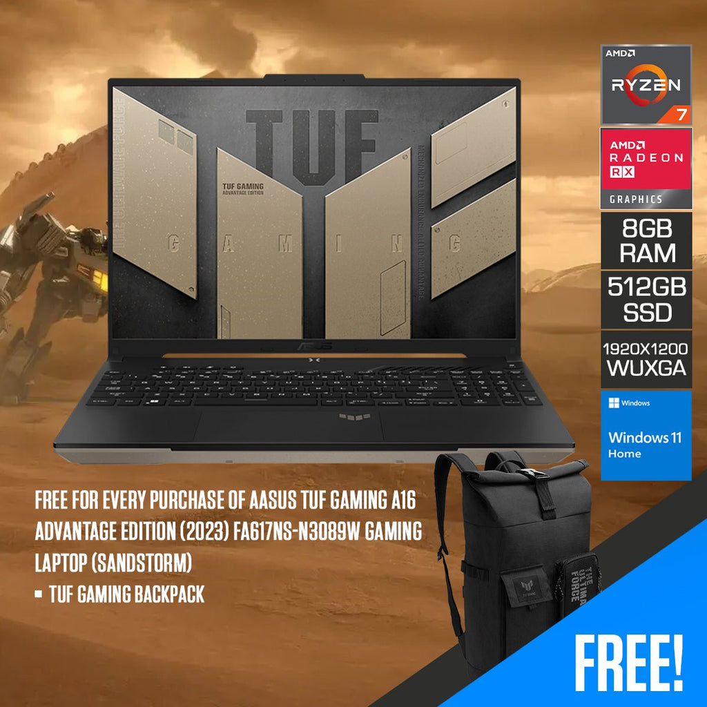 Asus TUF Gaming A16 Advantage Edition (2023) FA617NS - N3089W Gaming Laptop (Sandstorm) | 16" WUXGA 165Hz (1920x1200) | Ryzen 7 7735HS | 8GB RAM | 512GB SSD | AMD Radeon RX 7600S | Windows 11 Home | TUF Gaming Backpack - Nectostry