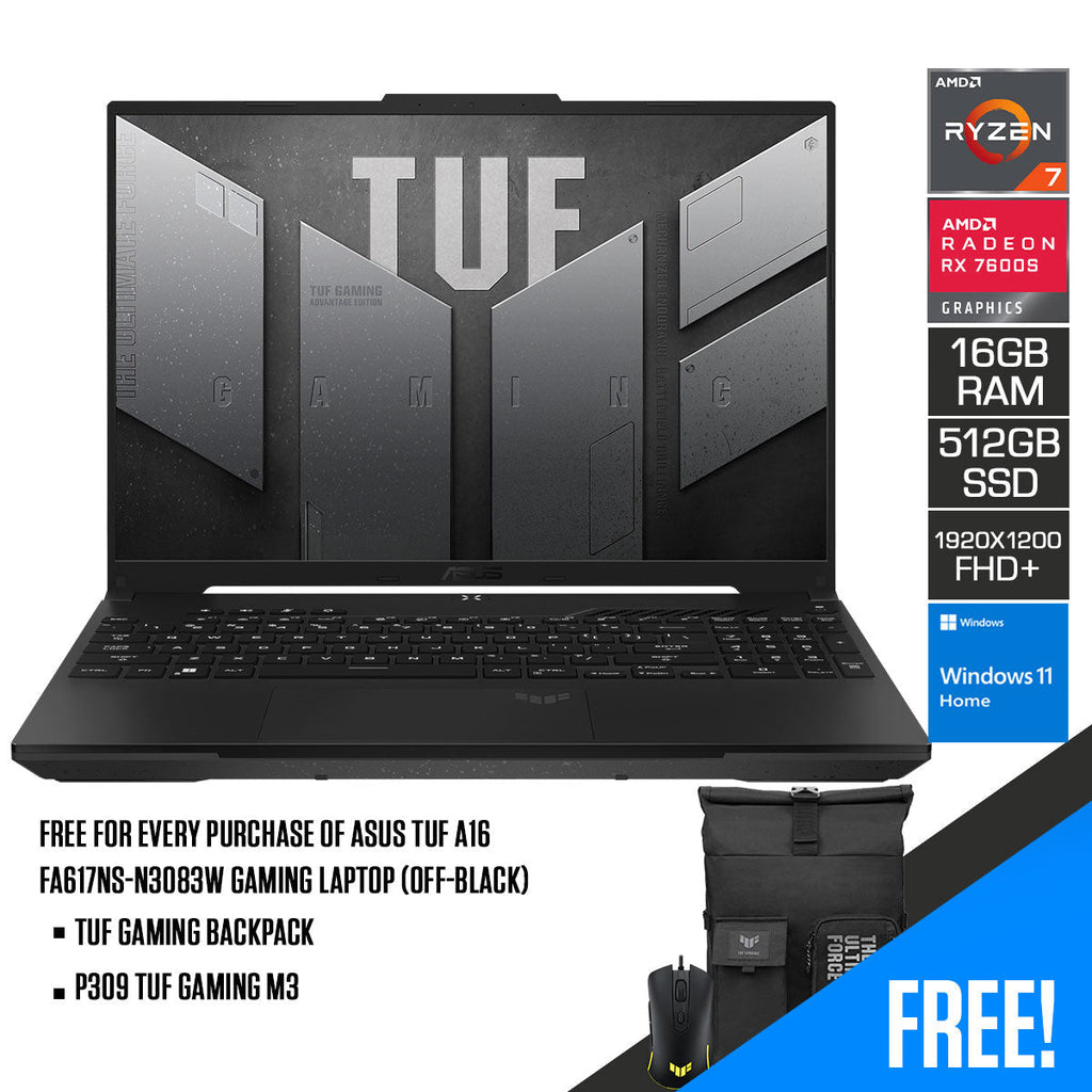 Asus TUF Gaming A16 Advantage Edition FA617NS - N3083W Gaming Laptop (Off - Black) | 16” FHD+ (1920x1200) | Ryzen 7 7735HS | 16GB RAM | 512GB SSD | AMD Radeon RX 7600S | Windows 11 Home | Asus TUF Gaming M3 Mouse | TUF Gaming Backpack - Nectostry