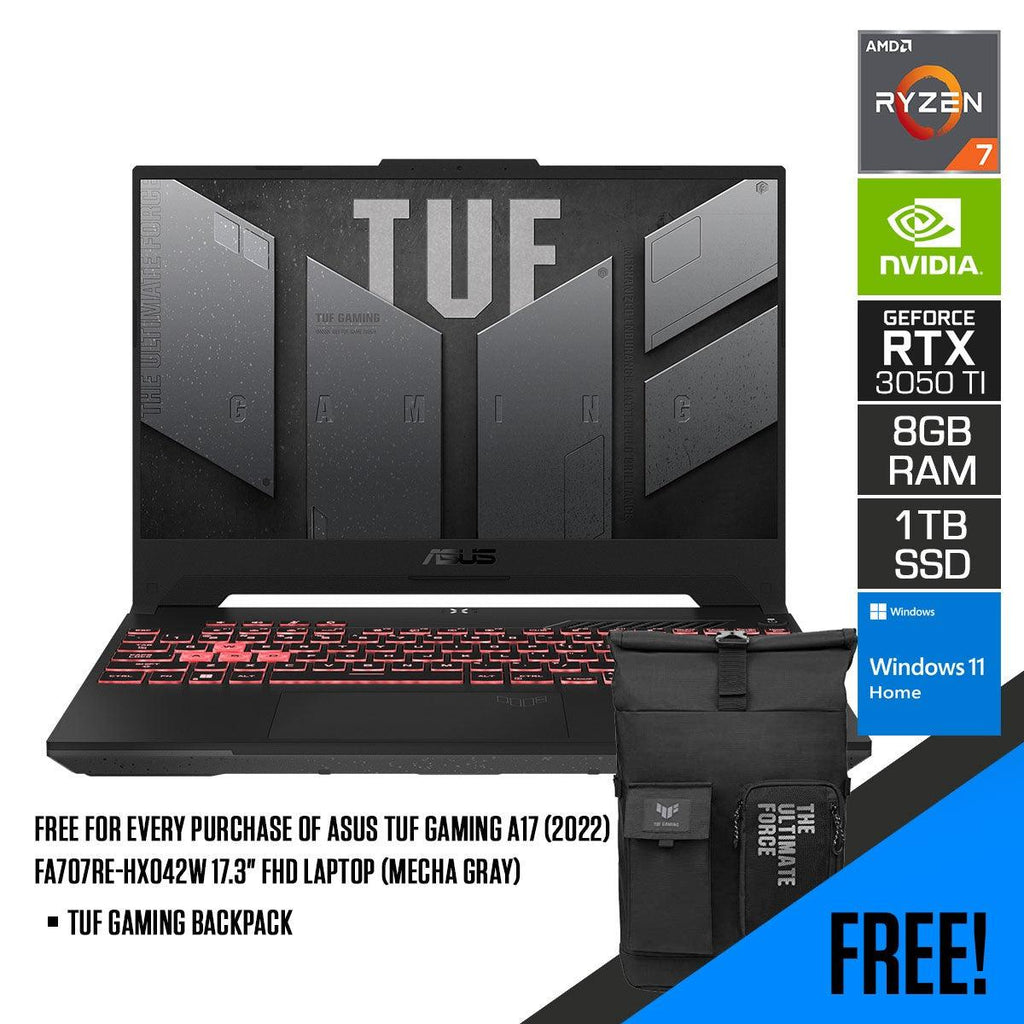ASUS TUF Gaming A17 (2022) FA707RE - HX042W Laptop (Mecha Gray | 17.3” FHD | Ryzen 7 6800H | 8GB DDR5 | 1TB SSD | RTX 3050 Ti | Windows 11 Home | TUF Gaming Backpack - Nectostry