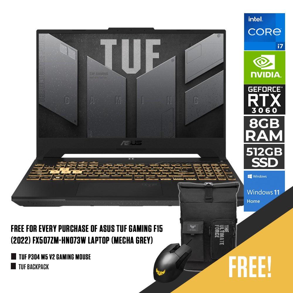 ASUS TUF Gaming F15 (2022) FX507ZM - HN073W Laptop (Mecha Grey) | 15.6" FHD | i7 - 12700H | 8GB DDR5 | 512 SSD | RTX 3060| Windows 11 Home + TUF P304 M5 V2 Gaming Mouse + TUF Backpack - Nectostry