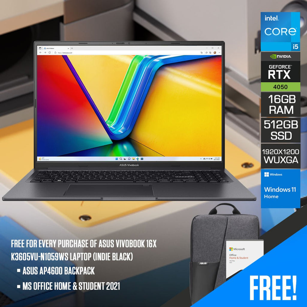 Asus Vivobook 16X K3605VU - N1059WS Laptop (Indie Black) | 16" WUXGA (1920x1200) | i5 13500H | 16GB RAM | 512GB SSD | RTX 4050 | Windows 11 Home | MS Office Home & Student 2021 | Asus AP4600 Backpack - Nectostry