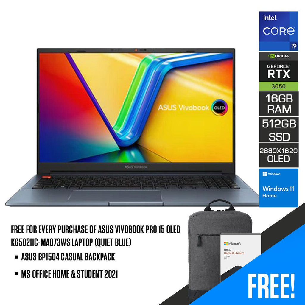 Asus Vivobook Pro 15 OLED K6502HC - MA073WS Laptop (Quiet Blue) | 15.6" 2.8K (2880 x 1620) | i9 - 11900H | 16GB RAM | 512GB SSD | RTX 3050 | Windows 11 Home | MS Office Home & Student 2021 | Asus BP1504 Casual Backpack - Nectostry