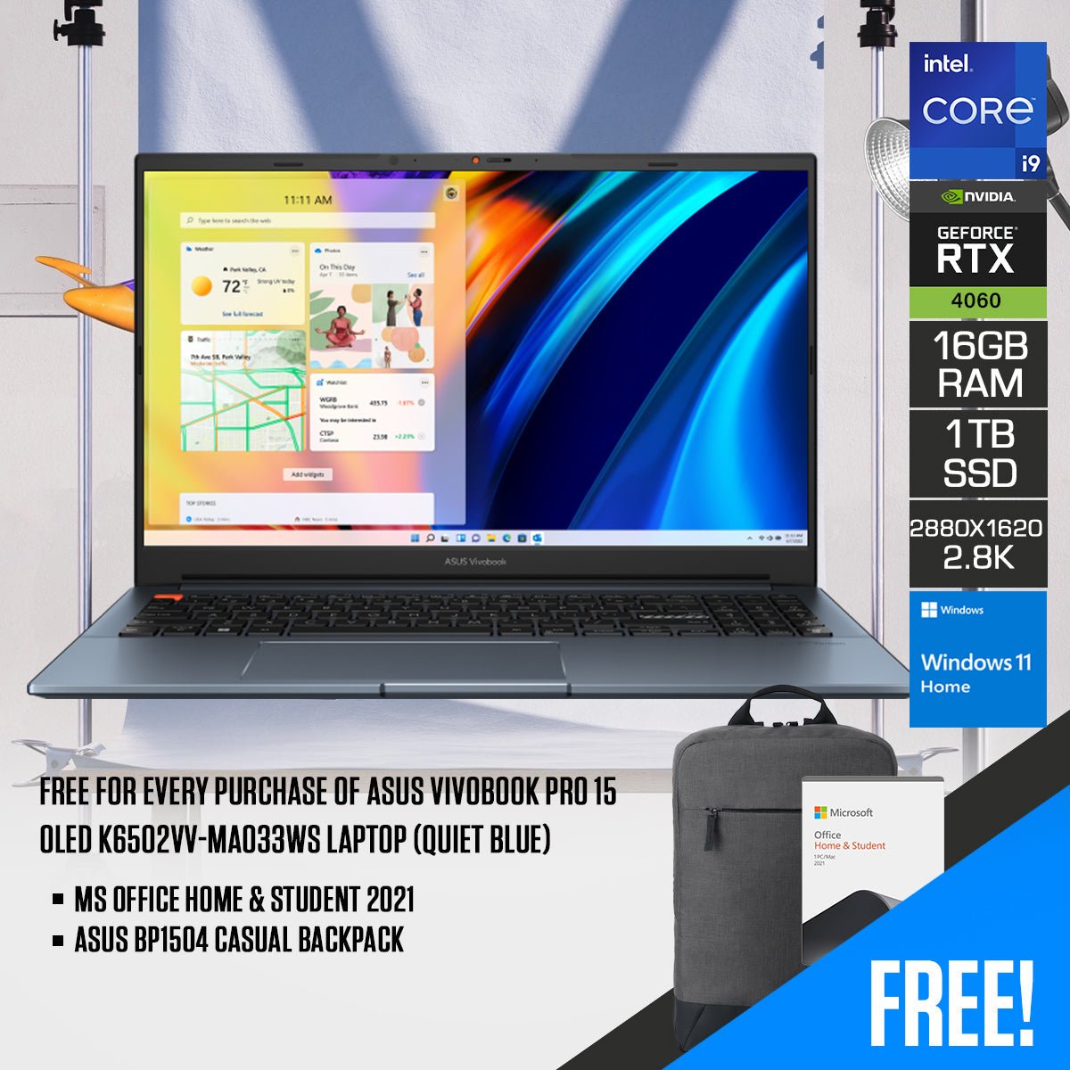 Asus Vivobook Pro 15 OLED K6502VV - MA033WS Laptop (Quiet Blue) | 15.6" 2.8K (2880 x 1620) OLED | i9 - 13900H | 16 GB RAM | 1 TB SSD | RTX 4060 | Windows 11 Home | MS Office Home & Student 2021 | ASUS BP1504 Casual Backpack - Nectostry