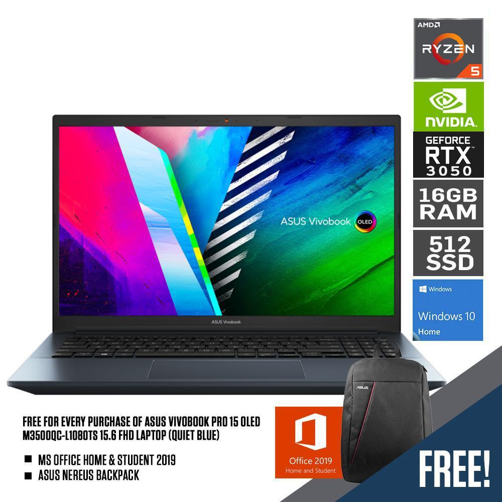 ASUS VIVOBOOK PRO 15 OLED M3500QC - L1080TS LAPTOP (QUIET BLUE) | 15.6" FHD | RYZEN 5 5600H | 16Gb DDR4 | 512GB SSD | RTX 3050 | WIN10 + MS OFFICE HOME & STUDENT 2019 + ASUS NEREUS BACKPACK (BLACK) - Nectostry