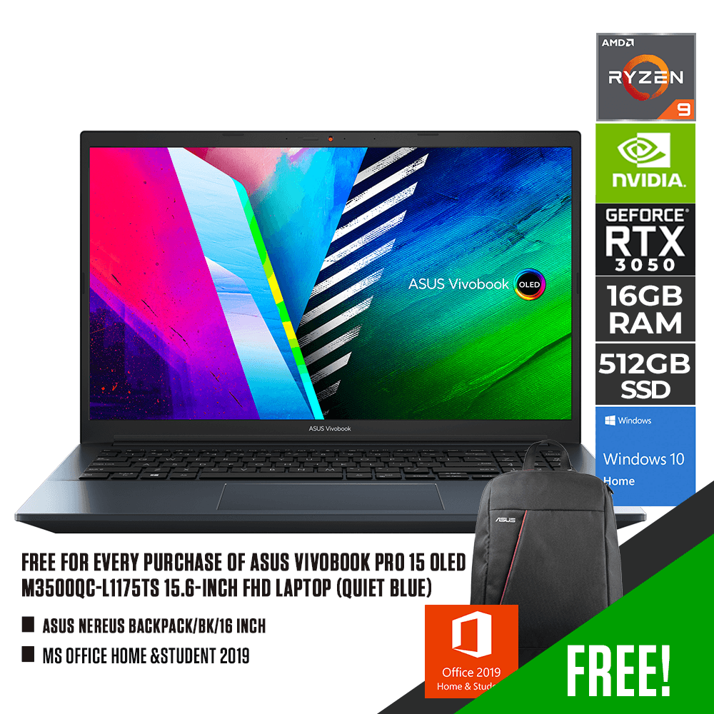 ASUS VIVOBOOK PRO 15 OLED M3500QC - L1175TS LAPTOP (QUIET BLUE) | 15.6" FHD | Ryzen™ 9 5900HX | 16GB DDR4 | 512GB SSD | RTX 3050 | WIN10 + MS OFFICE HOME &STUDENT 2019 + NEREUS BACKPACK/BK - Nectostry