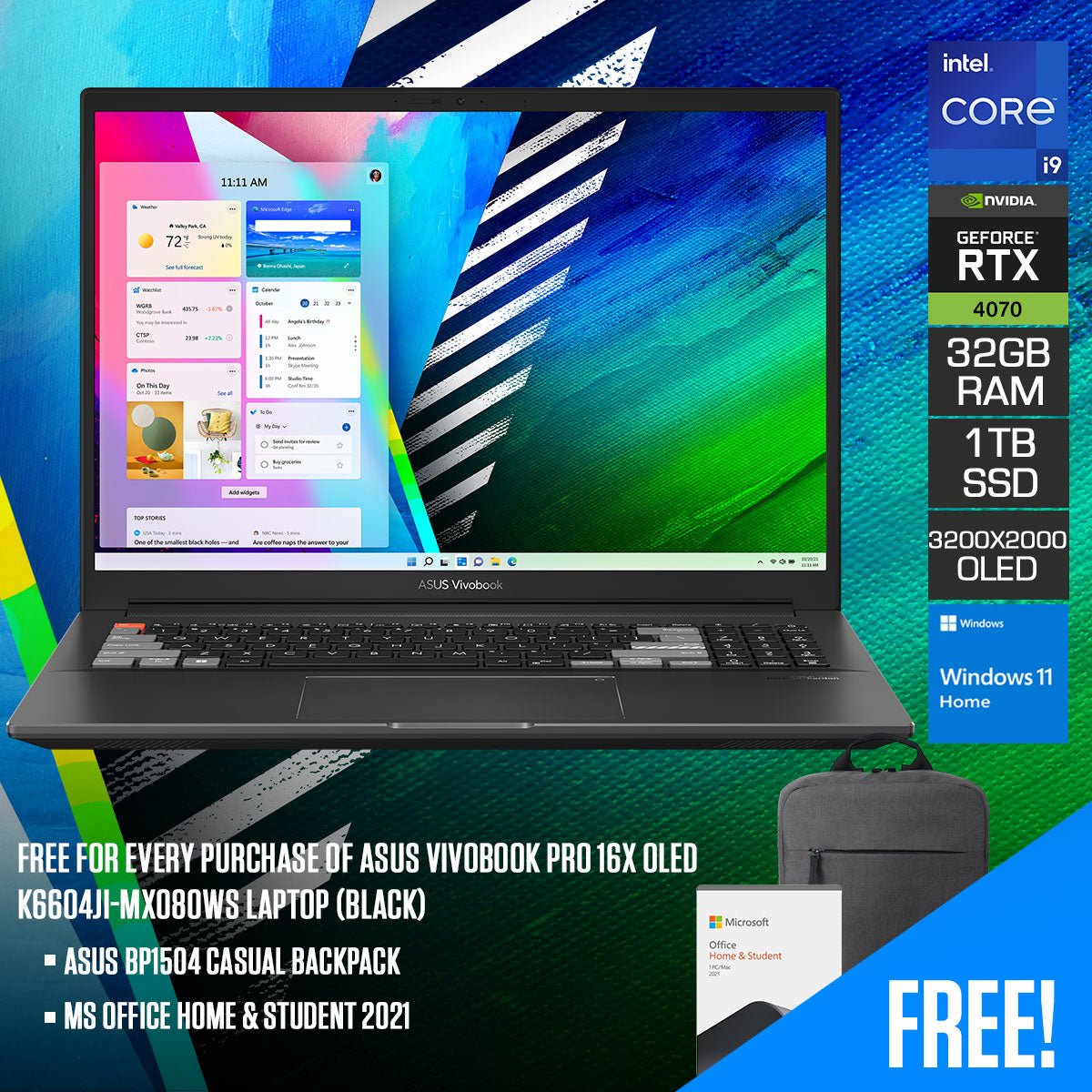 Asus Vivobook Pro 16X OLED K6604JI - MX080WS Laptop (Black) | 16" 3.2K (3200 x 2000) OLED | i9 - 13980HX | 32GB RAM | RTX 4070 | 1TB SSD | Windows 11 Home | MS Office H&S 2021 | Asus BP1504 Casual Backpack - Nectostry