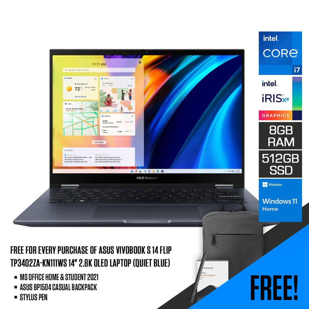 Asus Vivobook S 14 Flip TP3402ZA - KN111WS Laptop (Quiet Blue) | 14” 2.8K Oled | i7 - 12700H | 8GB RAM DDR4 | 512 GB SSD | Iris Xᵉ Graphics | Windows 11 Home | MS Office Home & Student 2021 | Stylus Pen | Asus BP1504 Casual Backpack - Nectostry
