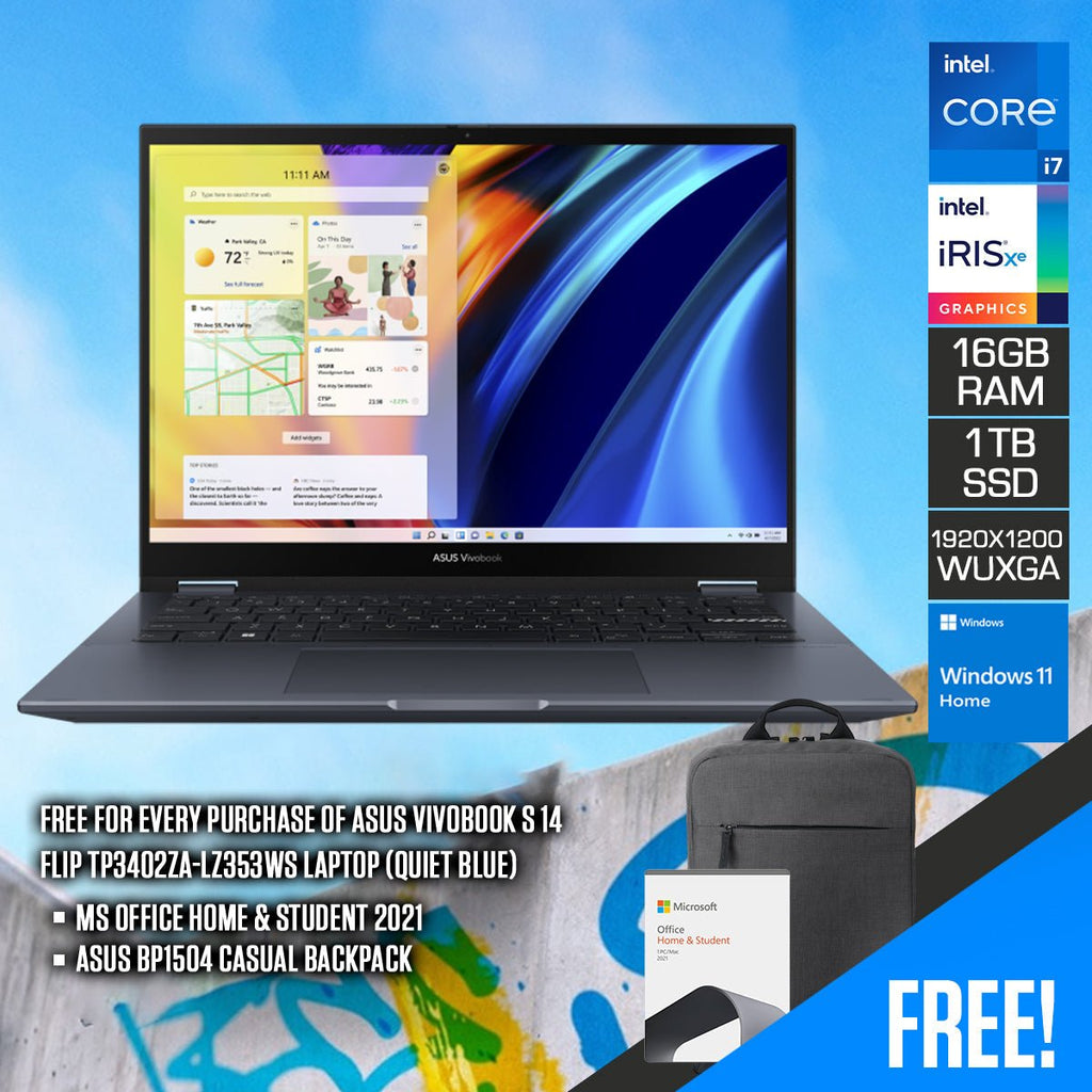 Asus Vivobook S 14 Flip TP3402ZA - LZ353WS Laptop (Quiet Blue) | 14" (1920x1200) | i7 - 12700H | 16GB RAM | 1TB SSD | Intel Iris Xe Graphics | Windows 11 Home | MS Office Home & Student 2021 | Asus BP1504 Casual Backpack - Nectostry
