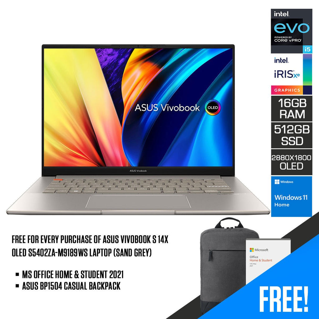Asus Vivobook S 14X OLED S5402ZA - M9189WS Laptop (Sand Grey) | 14.5" (2880 x 1800) | i5 12500H | 16GB RAM DDR4 | 512 GB SSD | Intel Iris Xe Graphics | Windows 11 Home | MS Office Home & Student 2021 | Asus BP1504 Casual Backpack - Nectostry