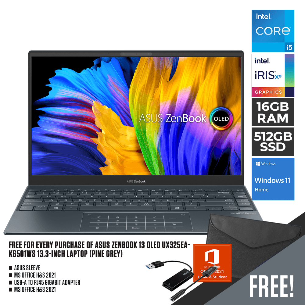 ASUS ZENBOOK 13 OLED UX325EA - KG501WS LAPTOP (PINE GREY) | 13.3" FHD | i5 - 1135G7 | 16GB LPDDR4X | 512B SSD | IRIS XE | WIN11 + MS OFFICE HOME & STUDENT 2021 + SLEEVE + USB - A TO RJ45 GIGABIT ADAPTER + USB - C TO AUDIO JACK ADAPTER - Nectostry