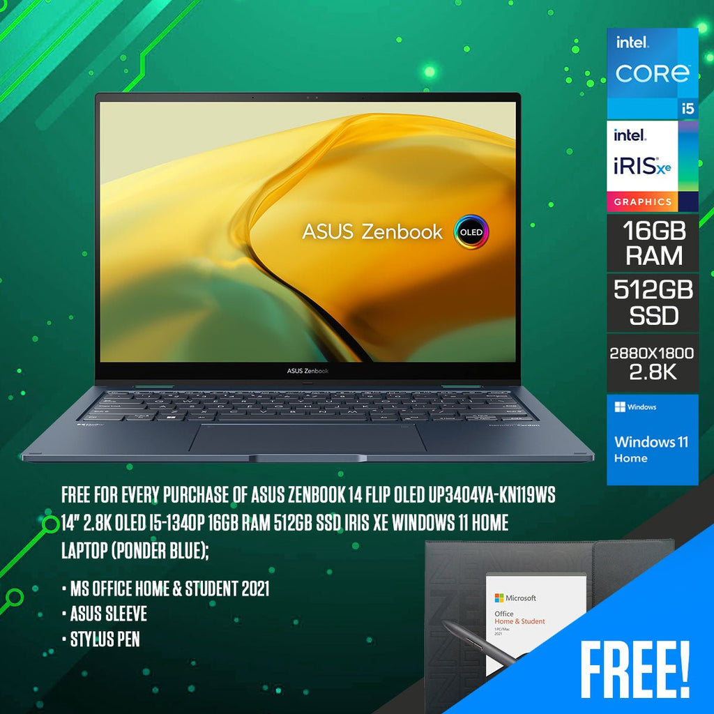 Asus Zenbook 14 Flip OLED UP3404VA - KN119WS Laptop (Ponder Blue) | 14" 2.8K OLED | I5 - 1340P | 512GB SSD | 16GB RAM | IRIS XE | Windows 11 Home | MS Office Home & StudenT 2021 | Asus Sleeve | Stylus Pen - Nectostry