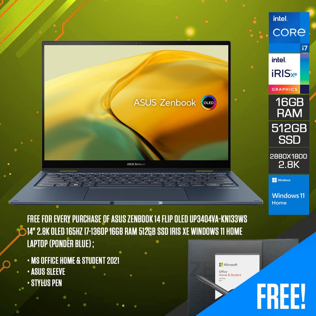 Asus Zenbook 14 Flip OLED UP3404VA - KN133WS Laptop (Ponder Blue) | 14" 2.8K OLED | 165HZ | I7 - 1360P | 512GB SSD | 16GB RAM | IRIS XE | Windows 11 Home | MS Office Home & Student 2021 | Asus Sleeve | Stylus Pen - Nectostry