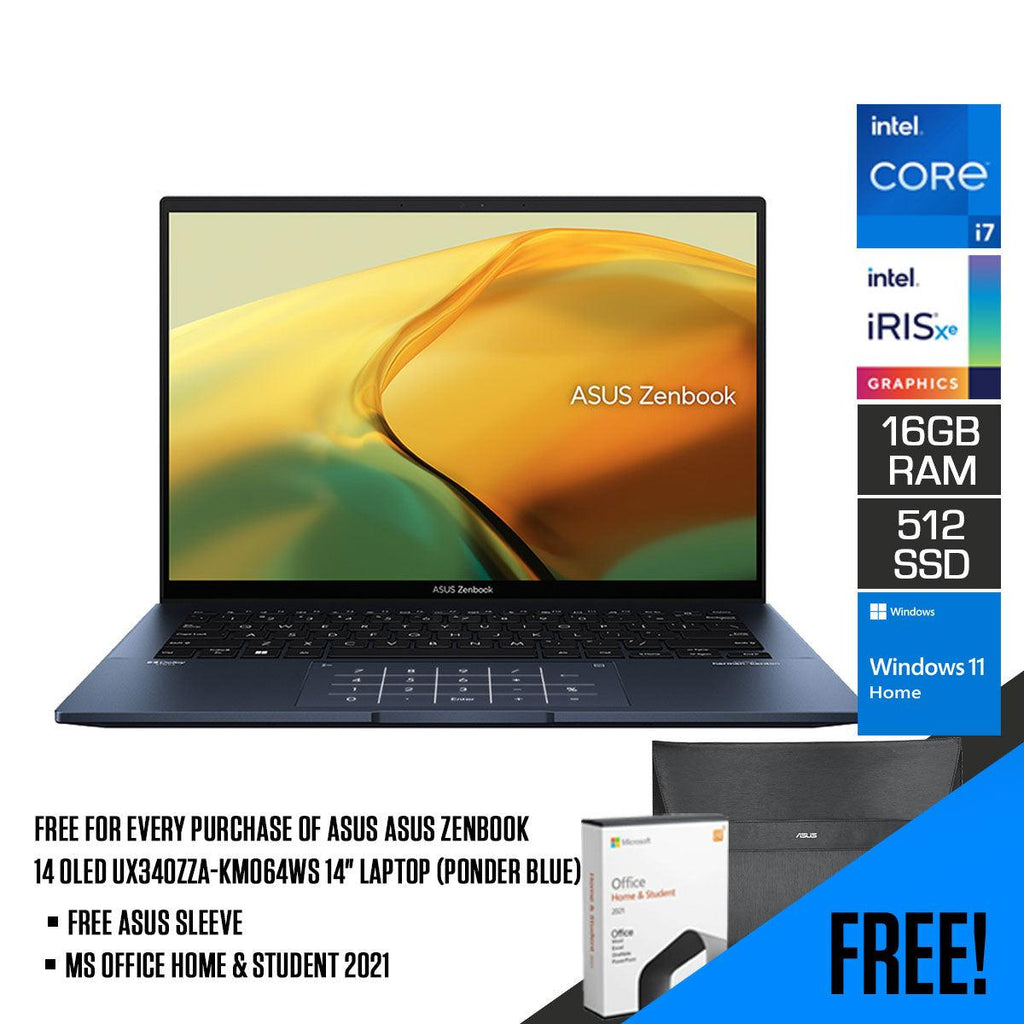 ASUS Zenbook 14 Oled UX3402ZA - KM064WS Laptop (Ponder Blue) | 14" 2.8K | i7 - 1260P | 16GB RAM | 512GB SSD | Intel Iris Xe | Windows 11 Home | MS Office Home & Student 2021 | ASUS Sleeve - Nectostry