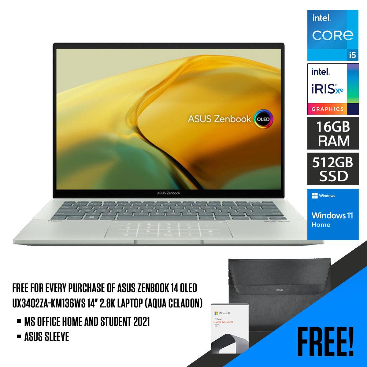 Asus Zenbook 14 OLED UX3402ZA - KM136WS Laptop (Aqua Celadon) | 14” 2.8K | i5 - 1240P | 16GB RAM | 512GB RAM | Intel Iris Xe Graphics | Windows 11 Home | MS Office H&S 2021 | Asus Sleeve - Nectostry