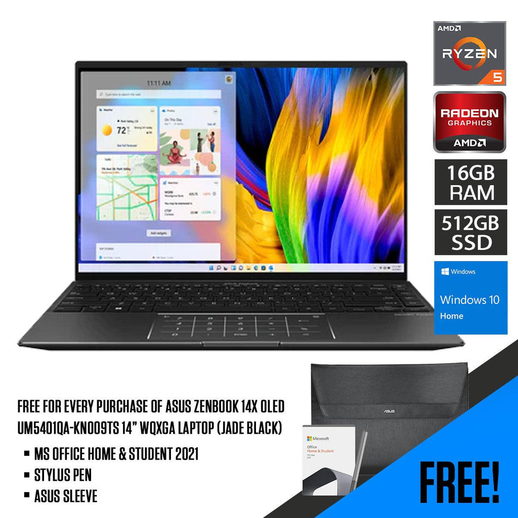 Asus Zenbook 14X Oled UM5401QA - KN009TS Laptop (Jade Black) | 14” WQXGA | Ryzen™ 5 5600H | 16 GB DDR4 | 512 GB SSD | Radeon™ Graphics | MS Office Home & Student 2021 | Stylus Pen | Asus Sleeve - Nectostry