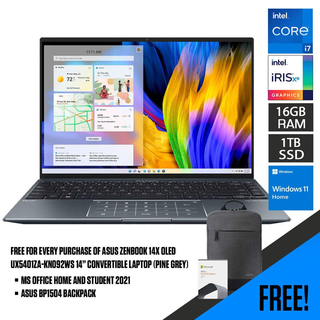 ASUS Zenbook 14X Oled UX5401ZA - KN092WS Convertible Laptop (Pine Grey) | 14" 2.8k Oled | i7 - 12700H | 16GB LPDDR5 | 1TB SSD | Iris Xᵉ Graphics | Windows 11 Home | MS Office Home & Student 2021 | ASUS BP1504 Casual Backpack - Nectostry