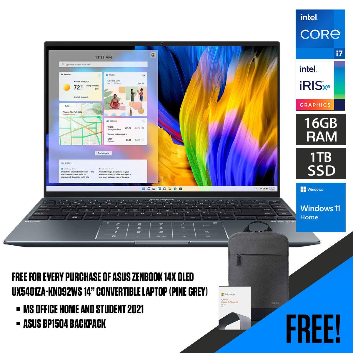 ASUS Zenbook 14X Oled UX5401ZA - KN092WS Convertible Laptop (Pine Grey) | 14" 2.8k Oled | i7 - 12700H | 16GB LPDDR5 | 1TB SSD | Iris Xᵉ Graphics | Windows 11 Home | MS Office Home & Student 2021 | ASUS BP1504 Casual Backpack - Nectostry