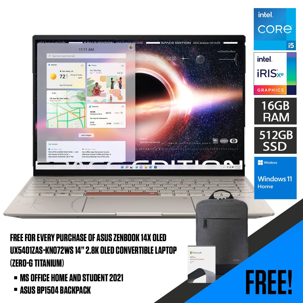 ASUS Zenbook 14X Space Edition UX5401ZAS - KN072WS Convertible Laptop (Zero - g Titanium) | 14” 2.8K Oled | i5 - 12500H | 16GB LPDDR5 | 512 GB SSD | Iris Xᵉ Graphics | Windows 11 Home | MS Office H&S 2021 | ASUS BP1504 Backpack - Nectostry