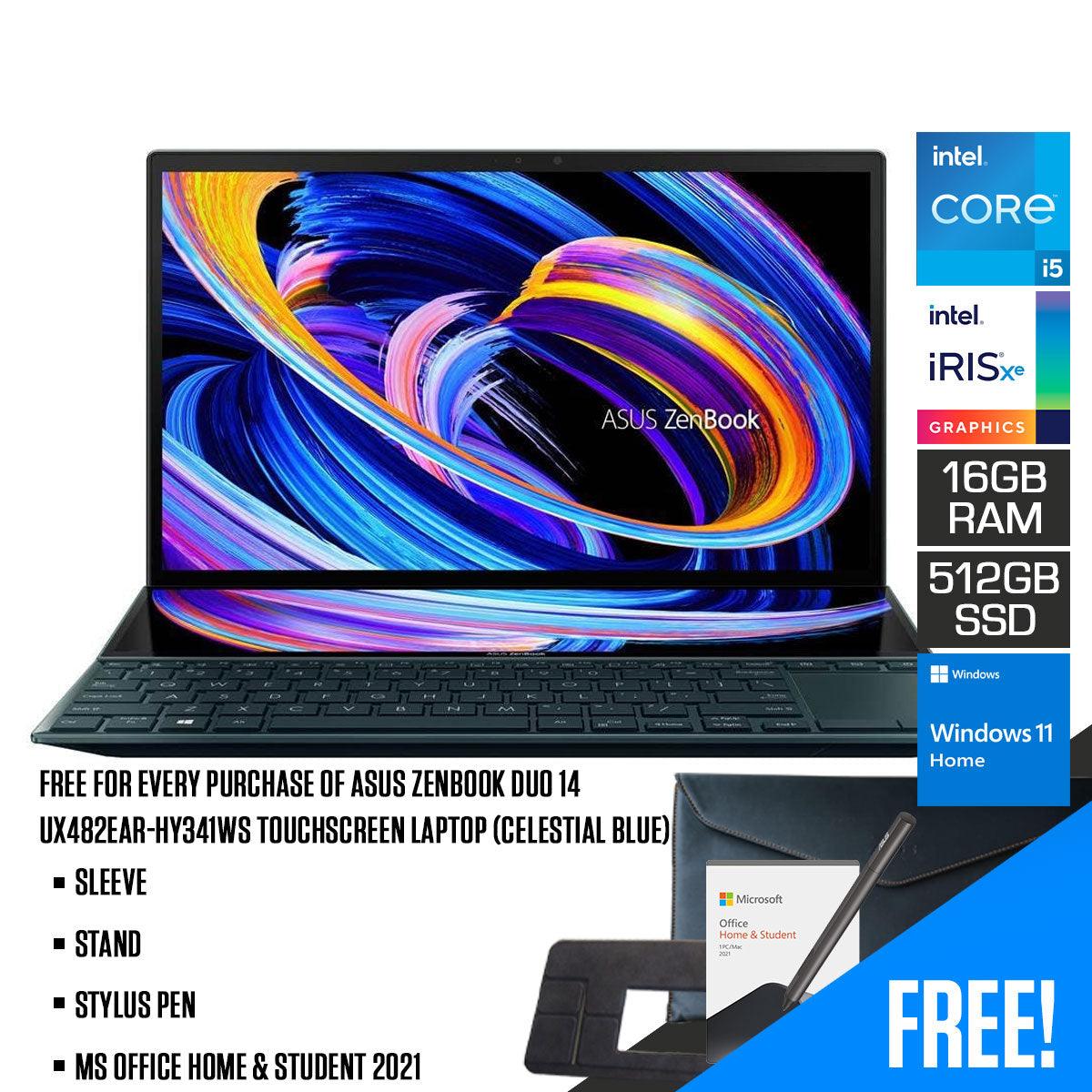 Asus Zenbook Duo 14 UX482EAR - HY341WS Touchscreen Laptop (Celestial Blue) | 14" FHD | i5 - 1155G7 | 16GB LPDDR4X | 512GB SSD | Iris Xᵉ Graphics | Windows 11 Home | MS Office H&S 2021 | Sleeve | Stand | Stylus Pen - Nectostry