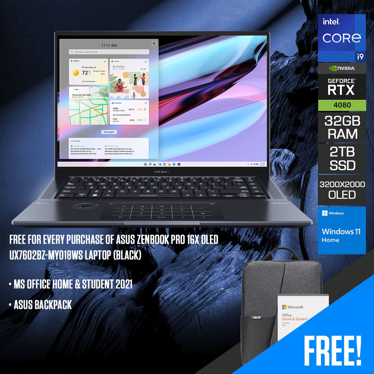 Asus Zenbook Pro 16X OLED UX7602BZ - MY018WS Laptop (Black) | 16" 3.2K OLED (3200x2000) Touchscreen | i9 - 13905H | 32GB RAM | RTX 4080 | 2TB SSD | Windows 11 Home | MS Office Home & Student 2021 | Asus Backpack - Nectostry