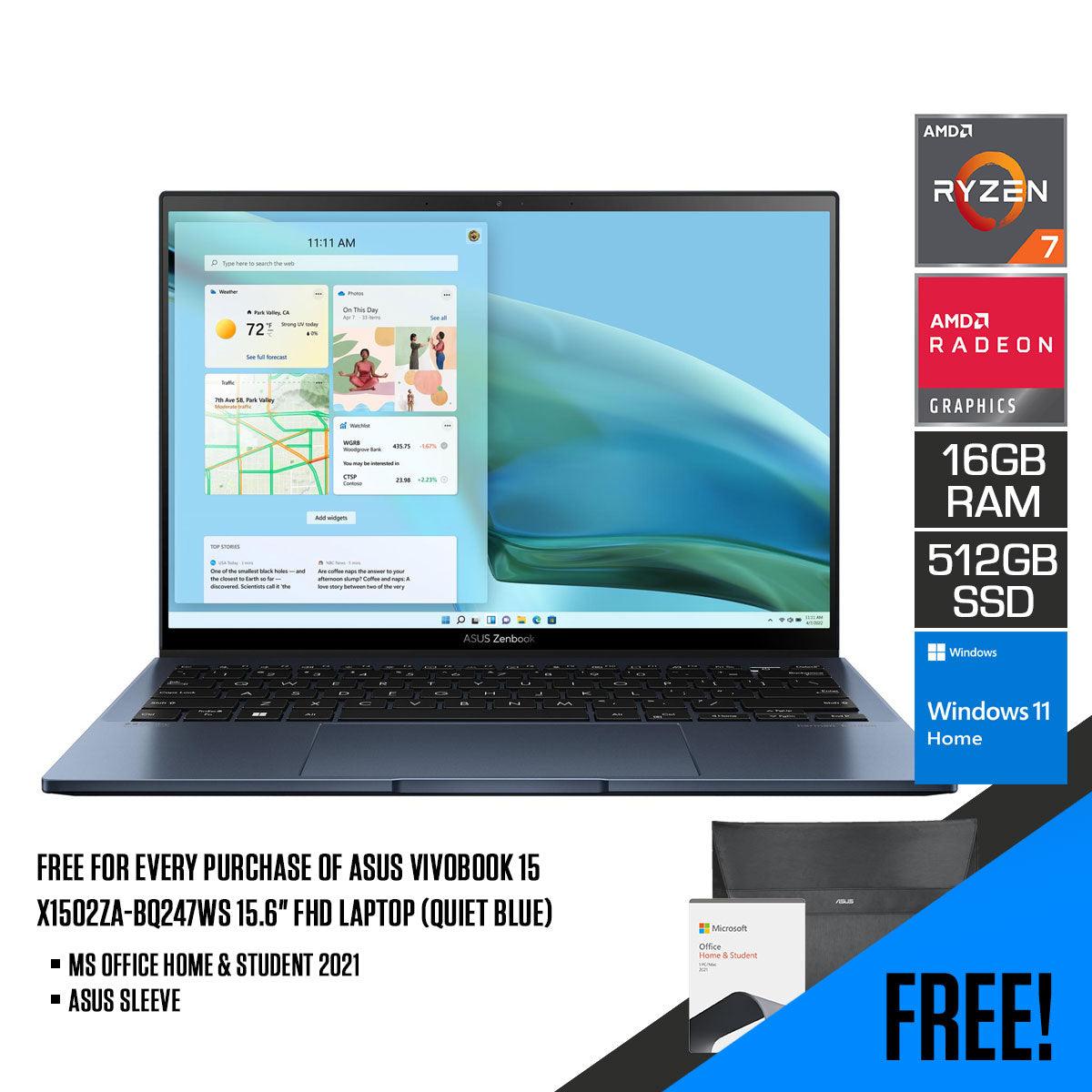 Asus Zenbook S 13 OLED UM5302TA - LV396WS Laptop (Ponder Blue) | 13.3” FHD | Ryzen 7 6800U | 16GB RAM | 512GB M.2 SSD | AMD Radeon™ Graphics | Windows 11 Home | MS Office Home & Student 2021 | Asus Sleeve - Nectostry