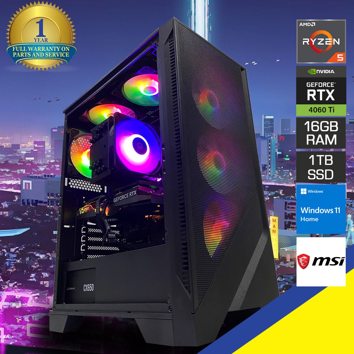 Aurora Forge 120A Desktop Gaming PC | AMD RYZEN 5 7500F | 16GB RAM | 1TB SSD | RTX 4060TI | Windows 11 Home - Nectostry