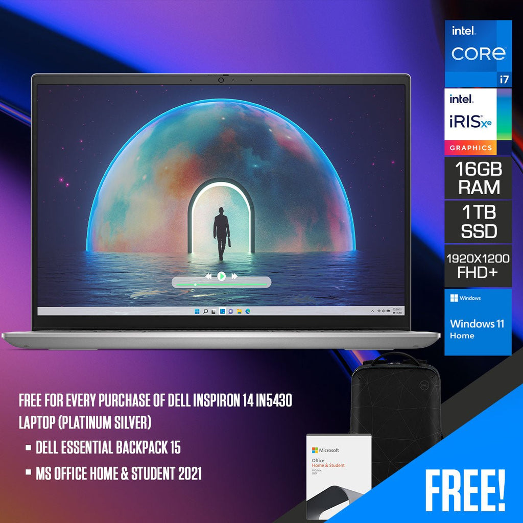 Dell Inspiron 14 IN5430 Laptop (Platinum Silver) | 14" FHD+ (1920x1200) | i7 - 1360P | 16GB RAM | 1TB SSD | Intel Iris Xe Graphics | Windows 11 Home | MS Office Home & Student 2021 | Dell Essential Backpack 15 - Nectostry