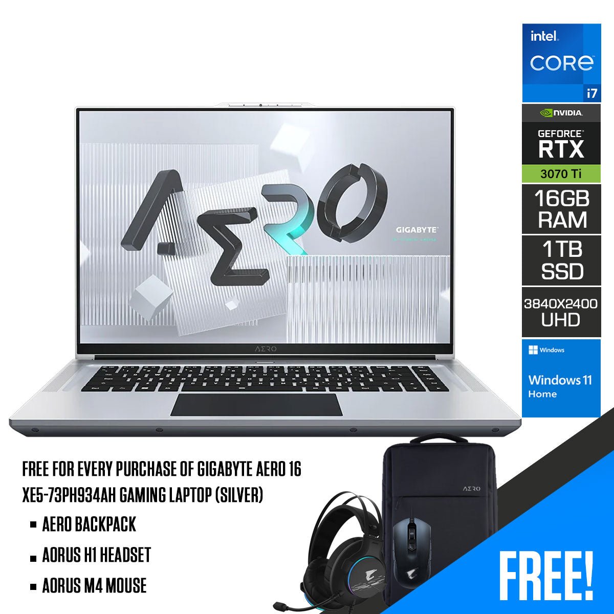 Gigabyte Aero 16 XE5 - 73PH934AH Gaming Laptop (Silver) | 16” UHD (3840x2400) | i7 - 12700H | 16GB DDR5 | 1TB SSD | RTX 3070Ti | Windows 11 Home | Aero Backpack | Aorus M4 Mouse | Aorus H1 Headset - Nectostry
