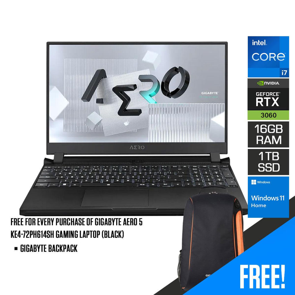 Gigabyte AERO 5 KE4 - 72PH614SH Gaming Laptop (Black) | 15.6" UHD | i7 - 12700H | 16GB DDR4 | 1 TB SSD | RTX 3060 | Windows 11 Home + Gigabyte Backpack - Nectostry