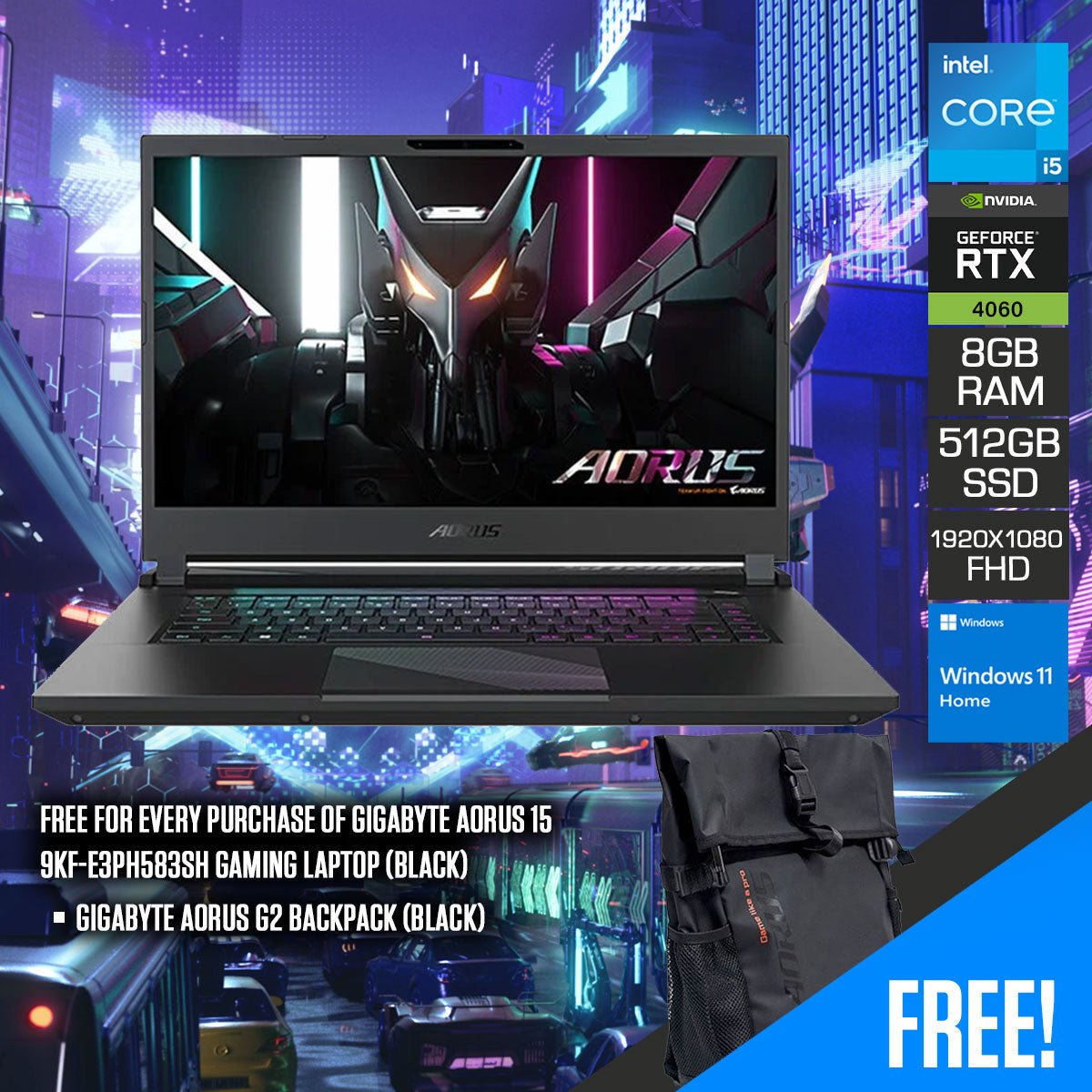 Gigabyte Aorus 15 9KF - E3PH583SH Gaming Laptop (Black) | 15.6" FHD 1920 x 1080 360Hz | i5 12500H | RTX 4060 | 8GB DDR5 | 512GB SSD | Windows 11 Home | Gigabyte Aorus G2 Backpack (Black) - Nectostry