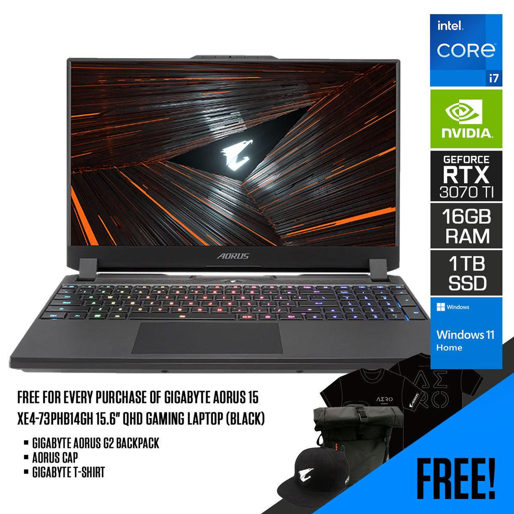 GIGABYTE AORUS 15 XE4 - 73PHB14GH GAMING LAPTOP (BLACK) | 15.6" QHD | i7 - 12700H | 16GB DDR4 | 1TB SSD | RTX 3070 TI | WIN11 + GIGABYTE AORUS G2 BACKPACK - Nectostry