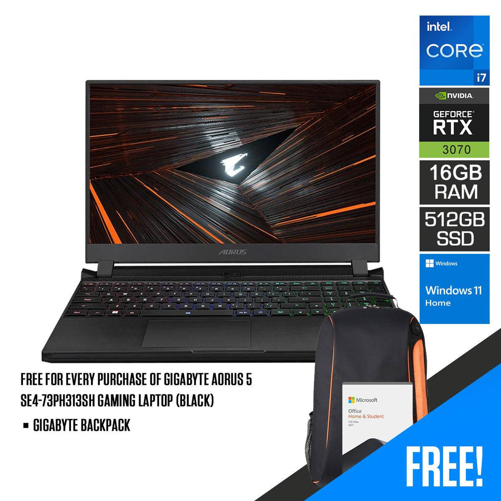 Gigabyte Aorus 5 SE4 - 73PH313SH Gaming Laptop (Black) | 15.6” FHD | 16GB RAM DDR4 | 512 GB SSD | RTX™ 3070 | Windows 11 Home | Gigabyte Backpack - Nectostry