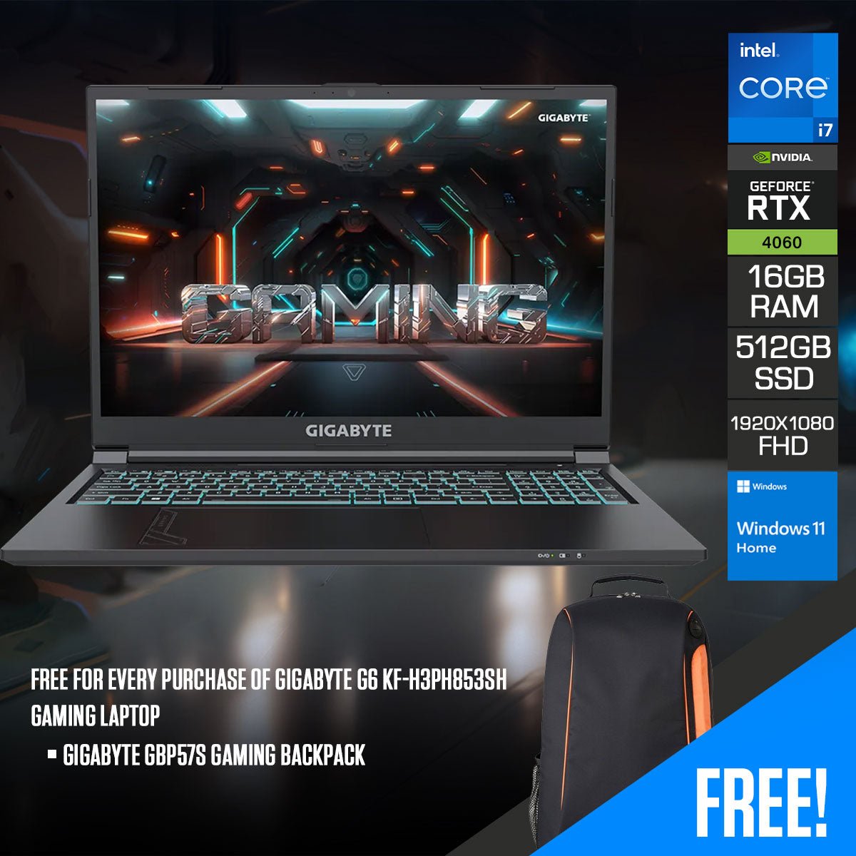 Gigabyte G6 KF - H3PH853SH Gaming Laptop | 16" FHD+ | i7 - 13620H | 16GB RAM | 512GB SSD | RTX 4060 | Windows 11 Home | Gigabyte GBP57S Gaming Backpack - Nectostry