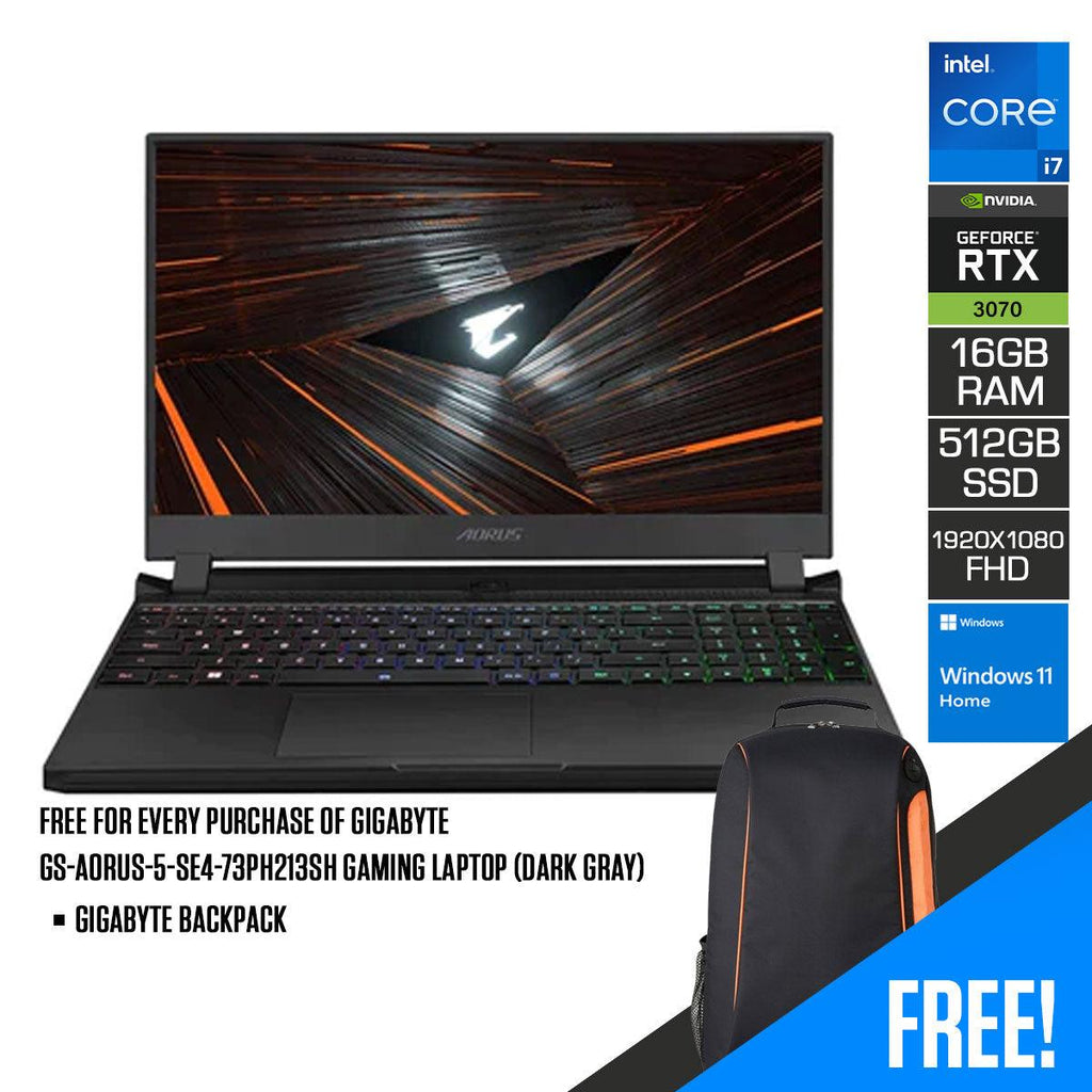 Gigabyte GS - AORUS - 5 - SE4 - 73PH213SH Gaming Laptop (Dark Gray) | 15.6" FHD | i7 - 12700H | 16GB DDR4 | 512GB SSD | RTX3070 | Windows 11 home + Gigabyte backpack - Nectostry