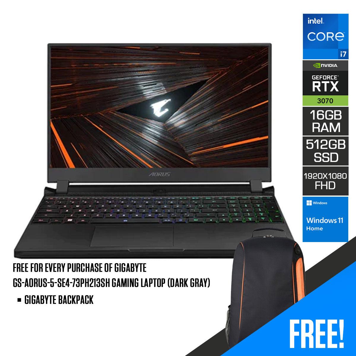 Gigabyte GS - AORUS - 5 - SE4 - 73PH213SH Gaming Laptop (Dark Gray) | 15.6" FHD | i7 - 12700H | 16GB DDR4 | 512GB SSD | RTX3070 | Windows 11 home + Gigabyte backpack - Nectostry