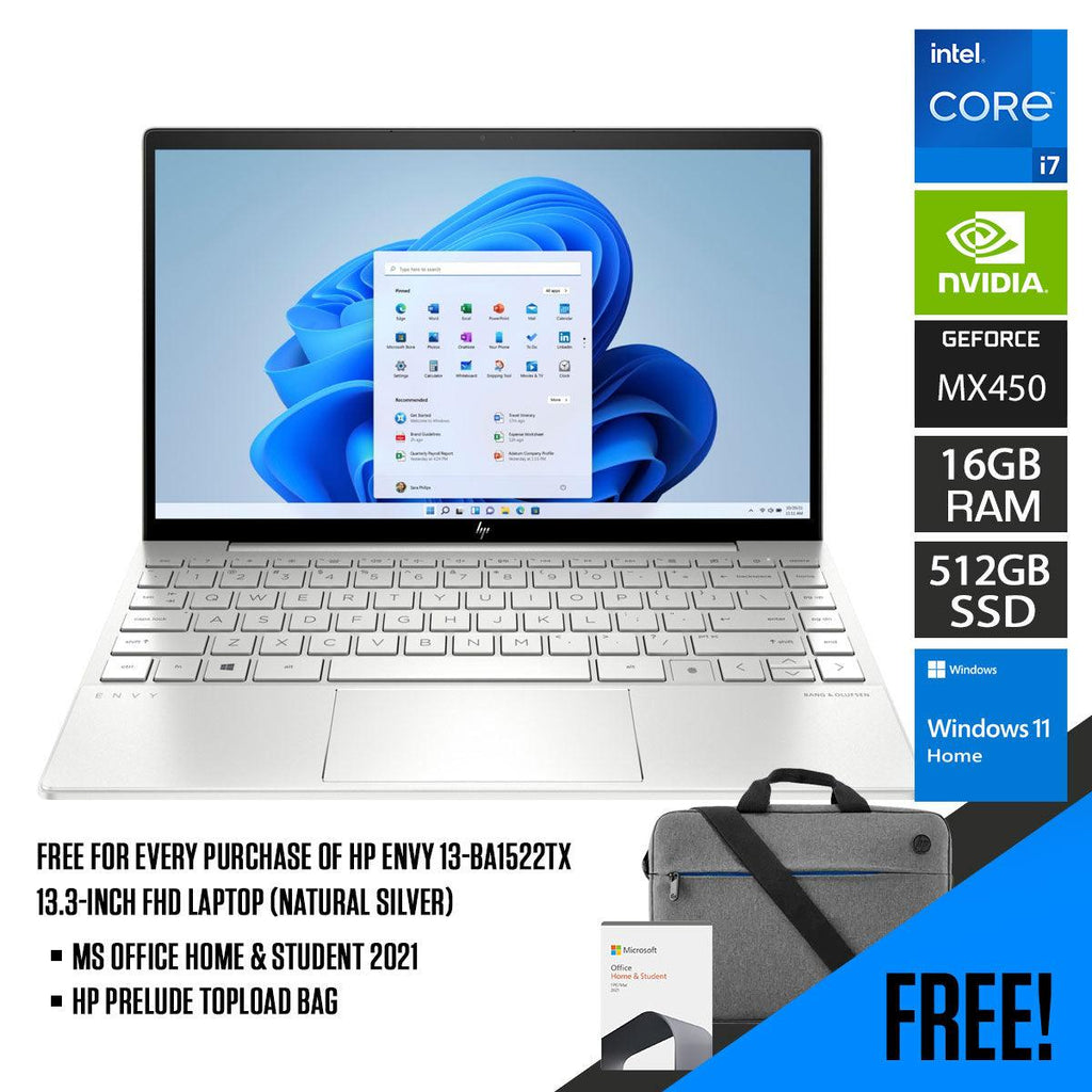 HP Envy 13 - BA1522TX Laptop (Natural Silver) | 13.3” FHD | i7 - 1165G7 | 16 GB DDR4 | 512 GB SSD | MX450 | Windows 11 Home | MS Office Home & Student 2021 | HP Prelude 15.6” Topload Bag - Nectostry