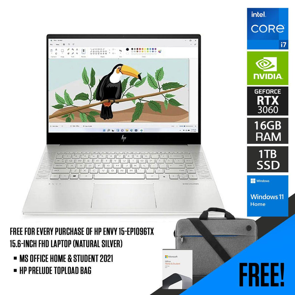 HP Envy 15 - EP1096TX Laptop (Natural Silver) | 15.6 - " FHD | i7 - 11800H | 16 GB DDR4 | 1 TB SSD | RTX™ 3060 | Windows 11 Home | MS Office Home & Student 2021 | HP Prelude 15.6” Topload Bag - Nectostry