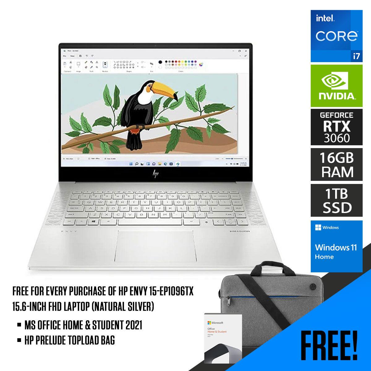 HP Envy 15 - EP1096TX Laptop (Natural Silver) | 15.6 - " FHD | i7 - 11800H | 16 GB DDR4 | 1 TB SSD | RTX™ 3060 | Windows 11 Home | MS Office Home & Student 2021 | HP Prelude 15.6” Topload Bag - Nectostry