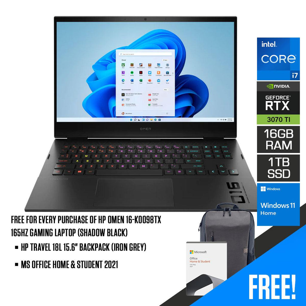 HP OMEN 16 - K0098TX 165HZ Gaming Laptop (Shadow Black) | 16.1" QHD IPS | i7 - 12700H | 16GB DDR5 | 1TB SSD | RTX 3070Ti | Windows 11 Home + MS Office Home & Student 2021 + HP Travel 18L 15.6" Backpack (Iron Grey) - Nectostry